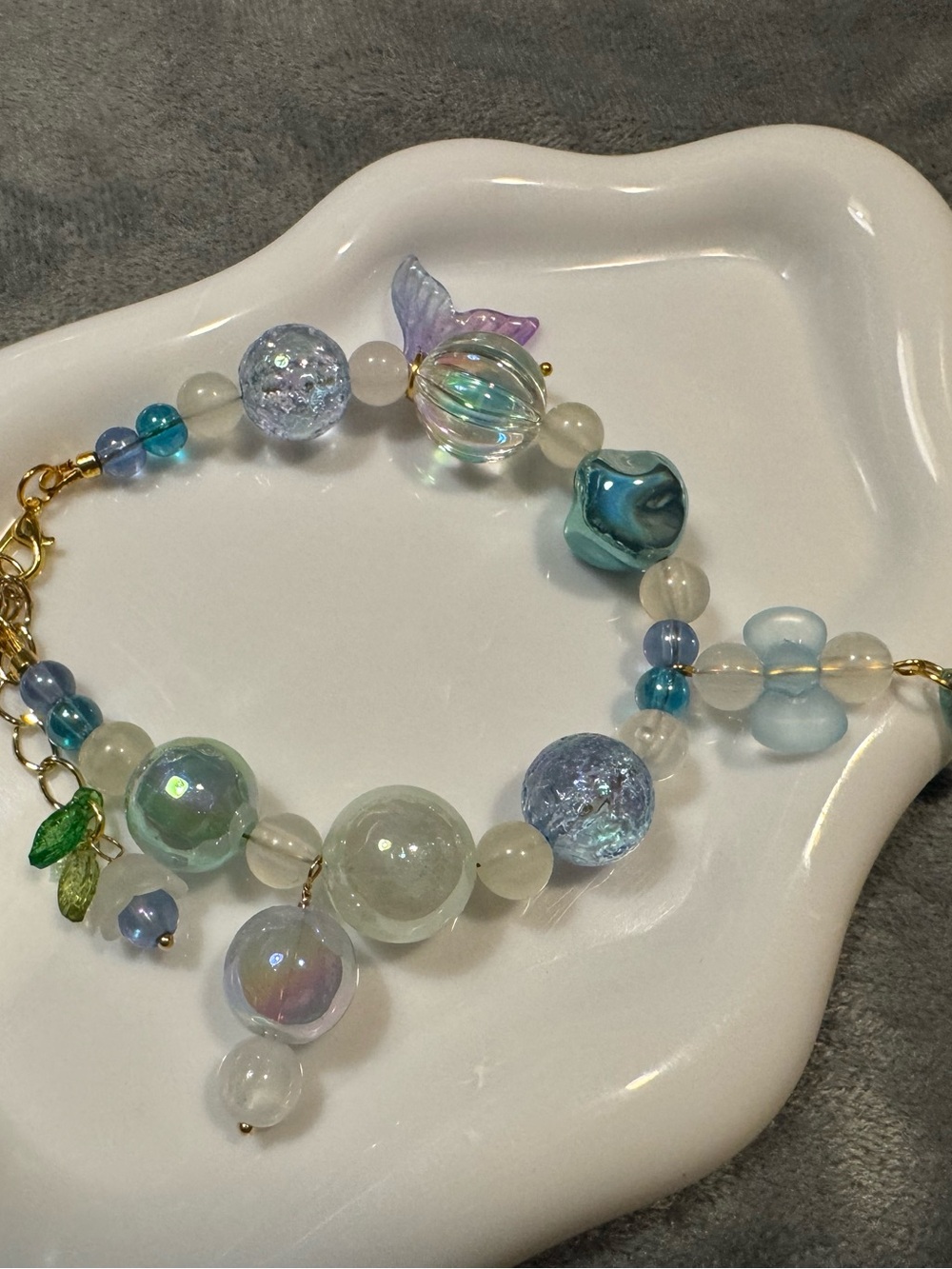 Handmade Iridescent Mermaid Bead Bracelet in Blue and Green